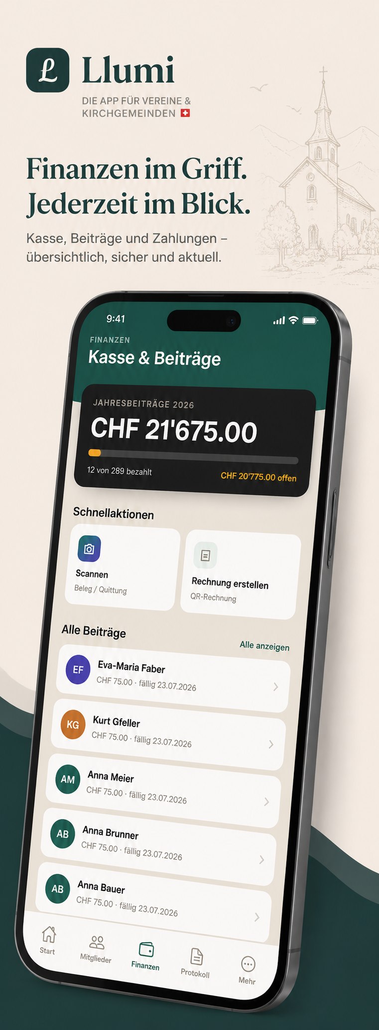Llumi Finanzansicht mit Kasse und Beiträgen